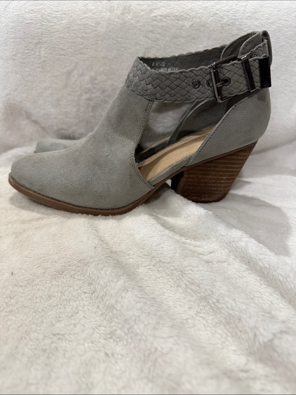Open Cut Grey Suede Ankle Heels with Braided Buckle Strap